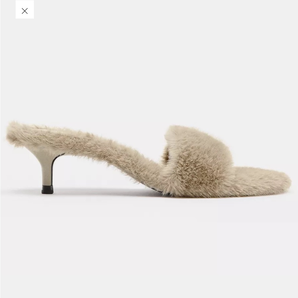 Elegant Zara Beige Faux Fur Heeled Mules